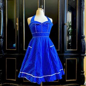 HellBunny Vintage XL Halter 50s Dress Polkadot Blue Pockets